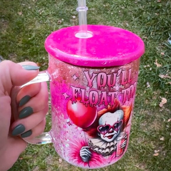 You'll Float Too Halloween Scary Movie, Horror Movies, Clowns, IT, Pink Glitter - Picture 3 of 3